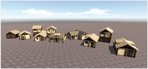 Variety of simple houses with thatch.