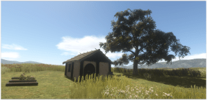 Daub and wood cottage with flowerbeds.