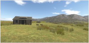 Daub house with dormer, flowerbeds and chicken coop.