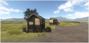 Stone and daub house and wood and daub house with shops below.