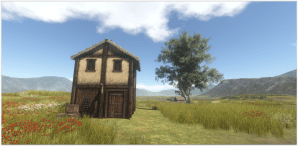 Two story wood and daub house.