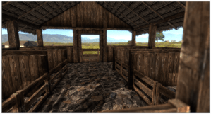 Barn includes several stalls and storage areas.